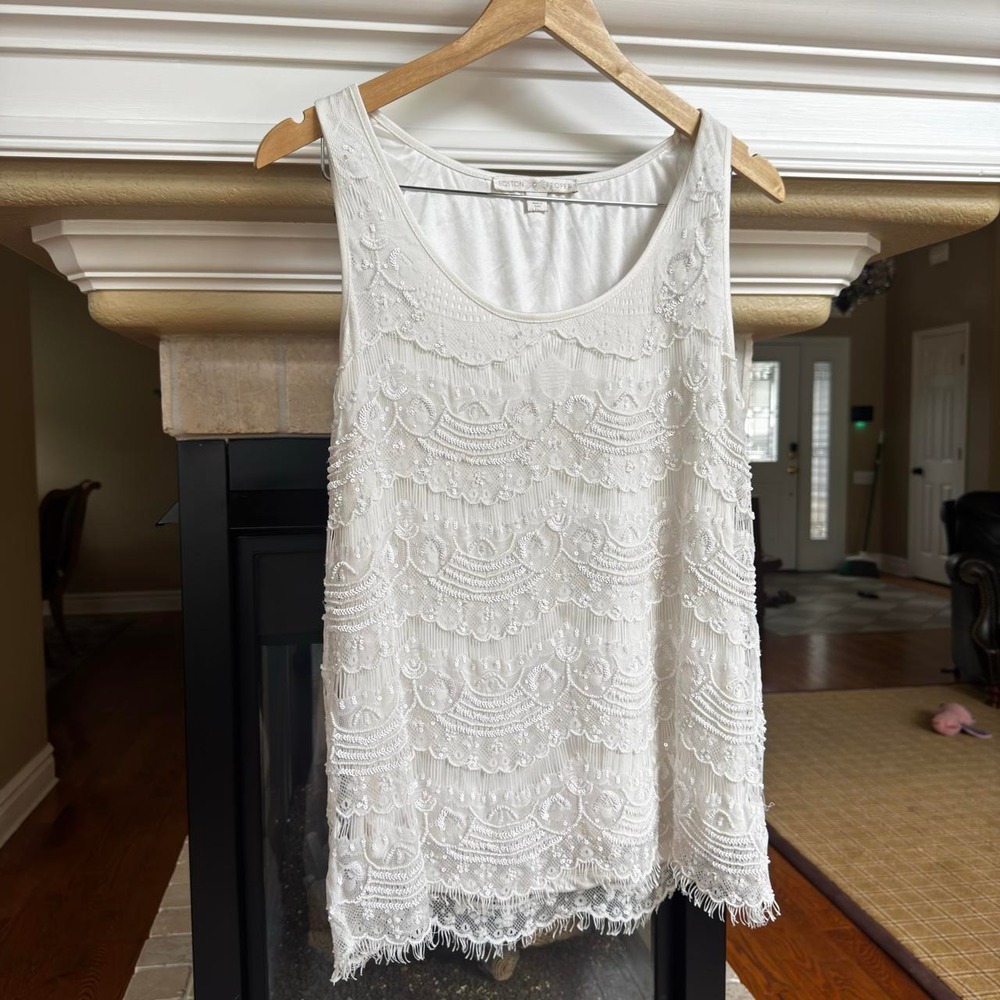 Boston Proper white beaded sleeveless top chic effortless size M